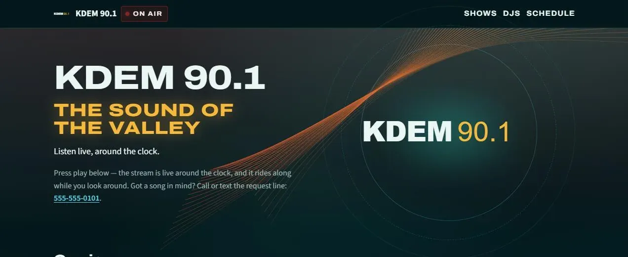 The KDEM 90.1 home page: the station name, a now-playing bar and the on-air schedule.